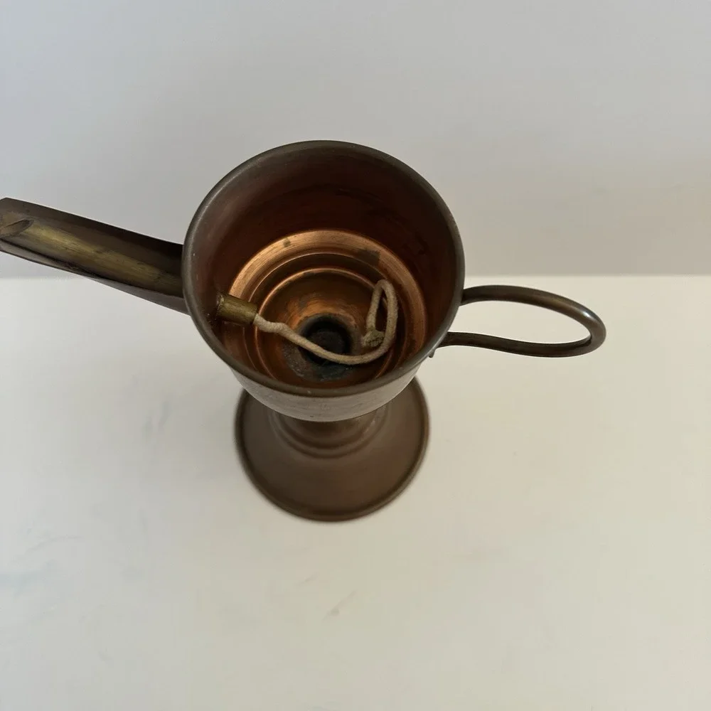 Vintage Copper Oil Lamp Pre-1950s White & Blue Knob 10